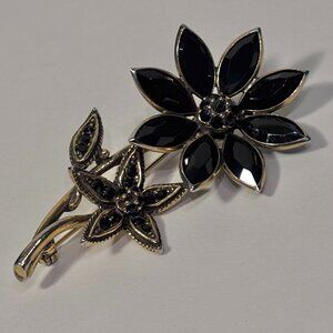 Vintage Hollycraft Black Rhinestone Floral Gold Tone Brooch Statement Pin 2.75”